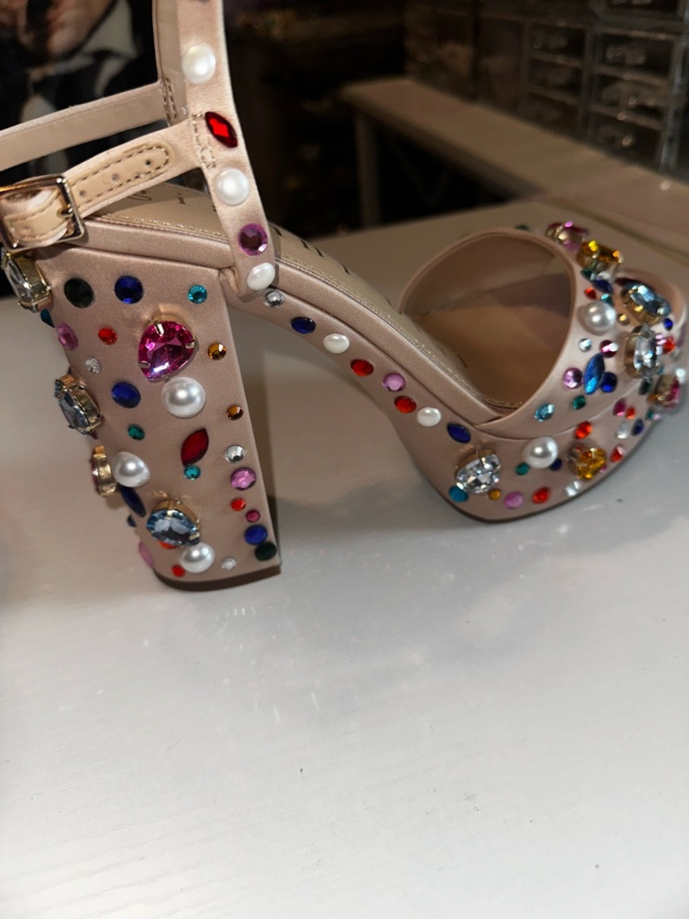 Gianni Bini Nude Platform Sandals with Multicolor Gem Embellishments